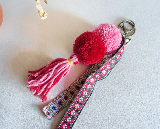 Pompoms and ethnic ribbon bagcharm/ accessory